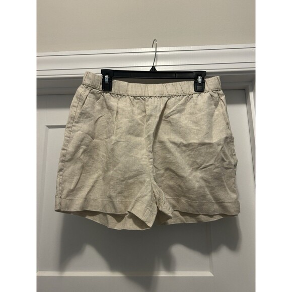 Philosophy  Beige Linen Relaxed Beach Shorts Women Size  Large Elastic Pockets - Picture 1 of 5